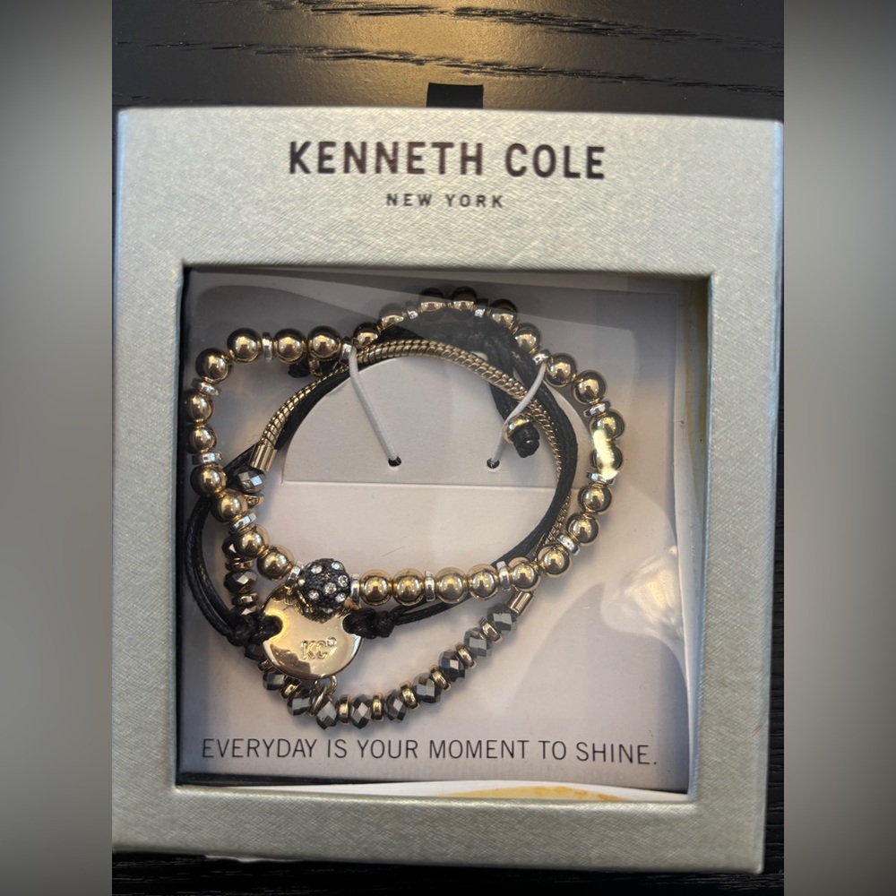 NWT Kenneth Cole Black, Silver and Gold Beaded Bracelet Set
